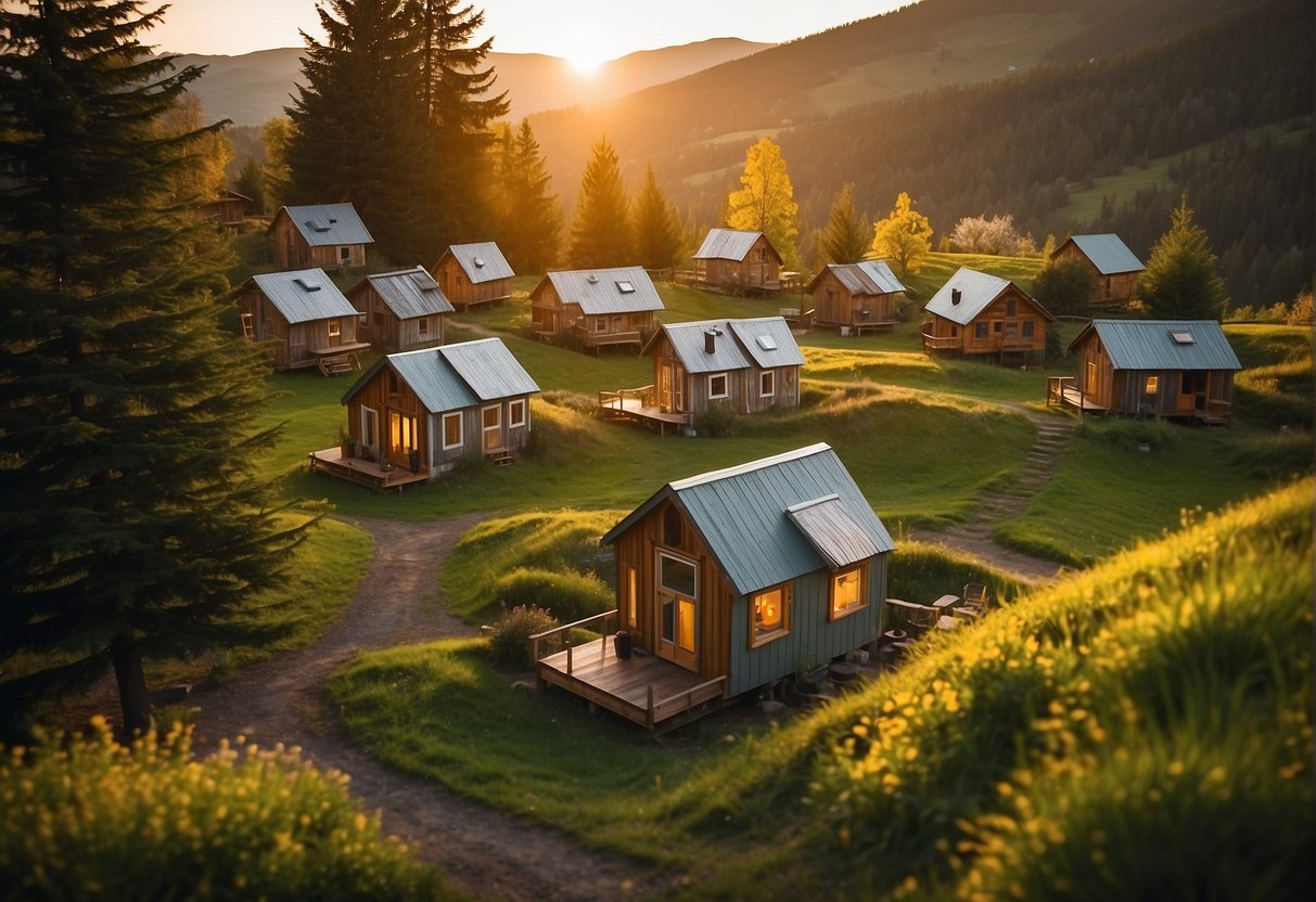 Are Tiny Houses Expensive? A Clear Answer with Facts and Figures 1 Tiny houses sit on a lush green hill, surrounded by tall trees. The sun sets in the background, casting a warm glow on the cozy dwellings