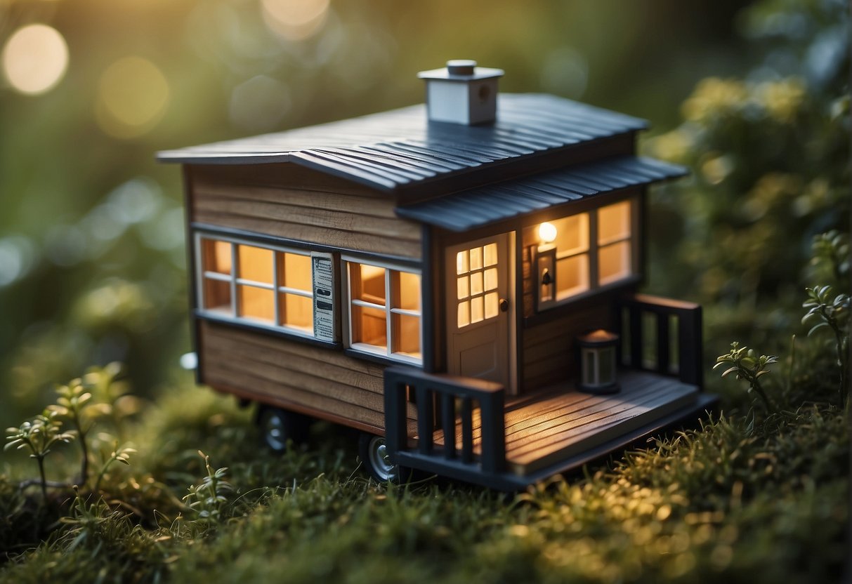 Are Tiny Houses Expensive? A Clear Answer with Facts and Figures 2 A tiny house sits on a grassy lot, surrounded by trees. A price tag hovers overhead, with dollar signs and question marks
