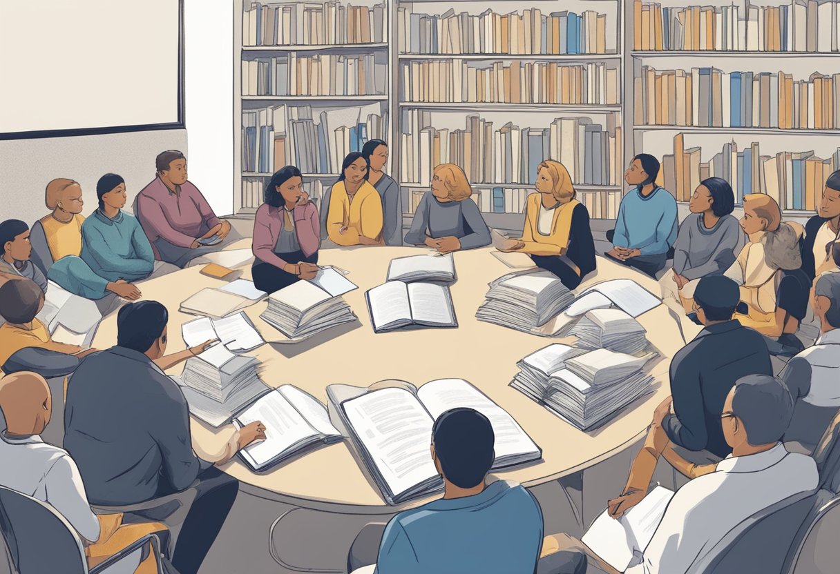 A person sitting in a circle, attentively listening to others speaking. Books and notes are spread out, indicating learning