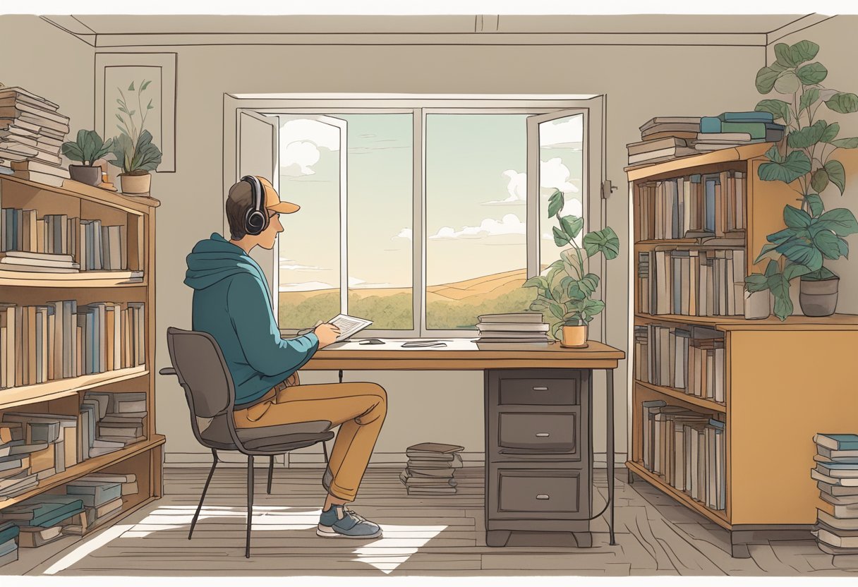 A person sitting in a quiet room, ears perked, absorbing information from various sources: books, podcasts, and nature sounds
