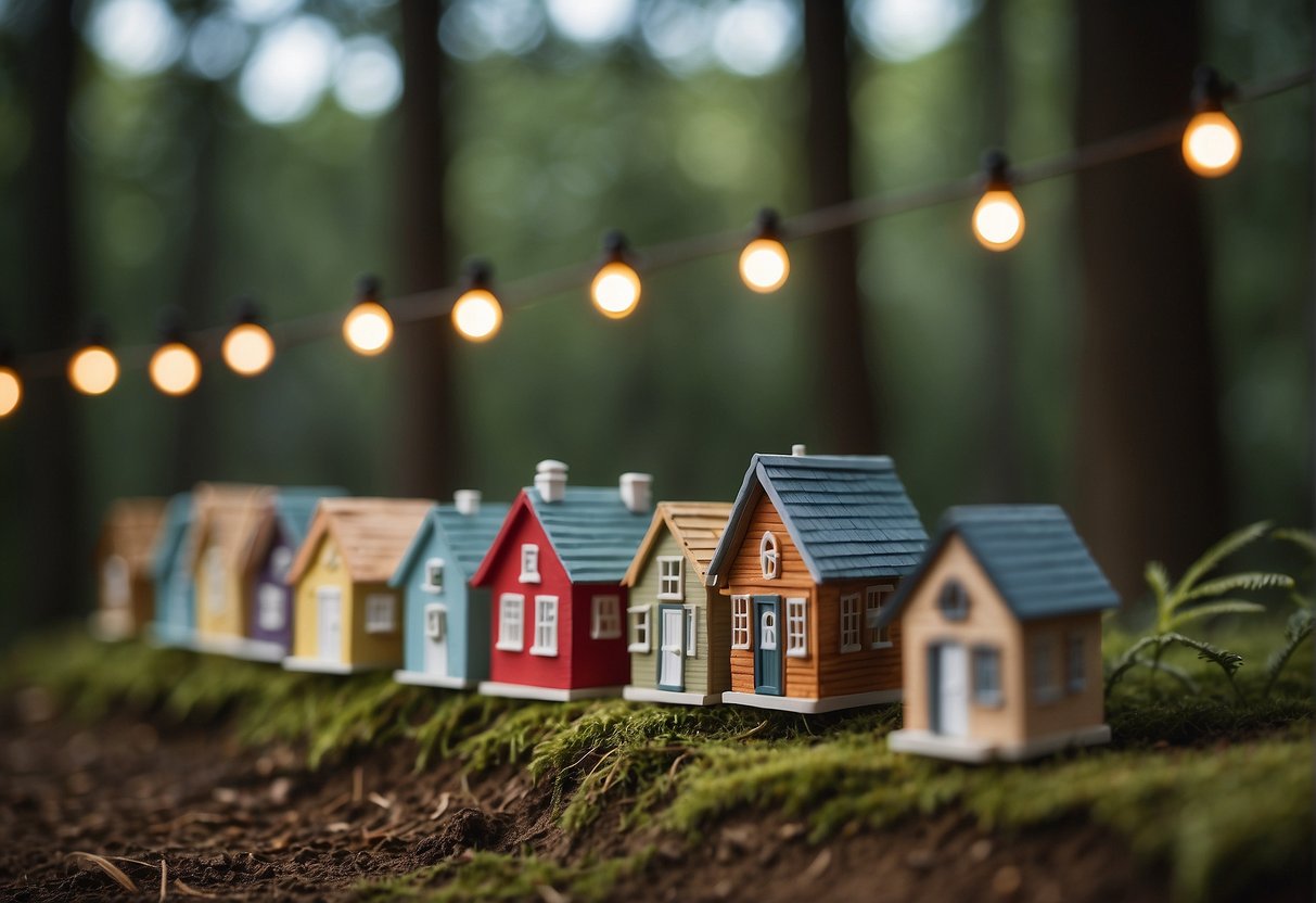 Are Tiny Houses Expensive? A Clear Answer with Facts and Figures 4 A row of tiny houses surrounded by trees, with a sign reading "Frequently Asked Questions: Are Tiny Houses Expensive?" in the foreground