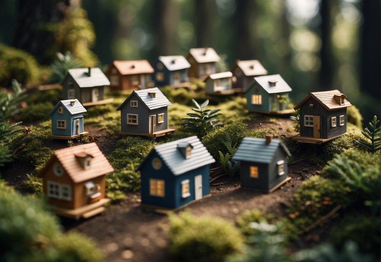 Tiny houses scattered in a lush forest, surrounded by towering trees. A sign nearby reads "Tiny Houses Welcome Here."