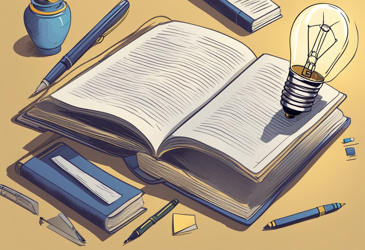 A book open on a desk, surrounded by scattered papers and a pen. A light bulb above, symbolizing insight and understanding