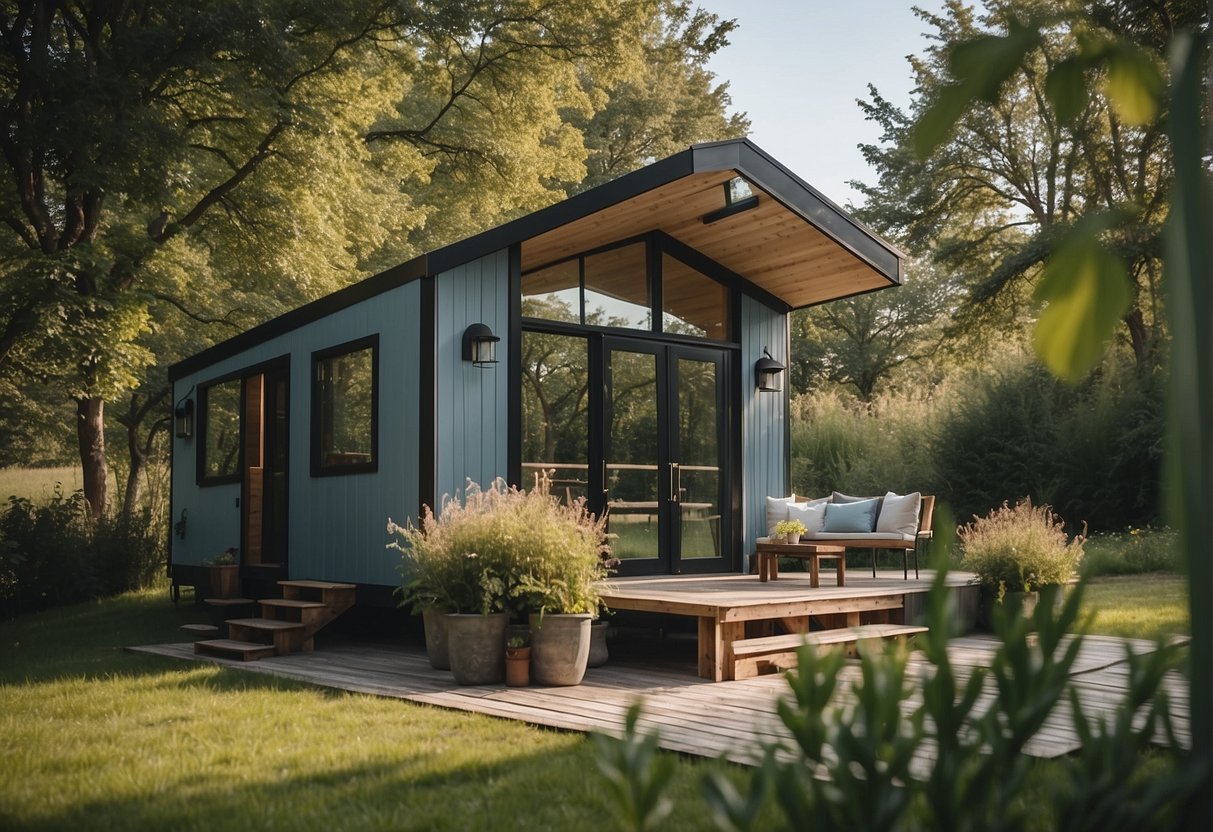 A tiny house nestled in a serene countryside, surrounded by lush greenery and a clear blue sky, with no signs of legal restrictions