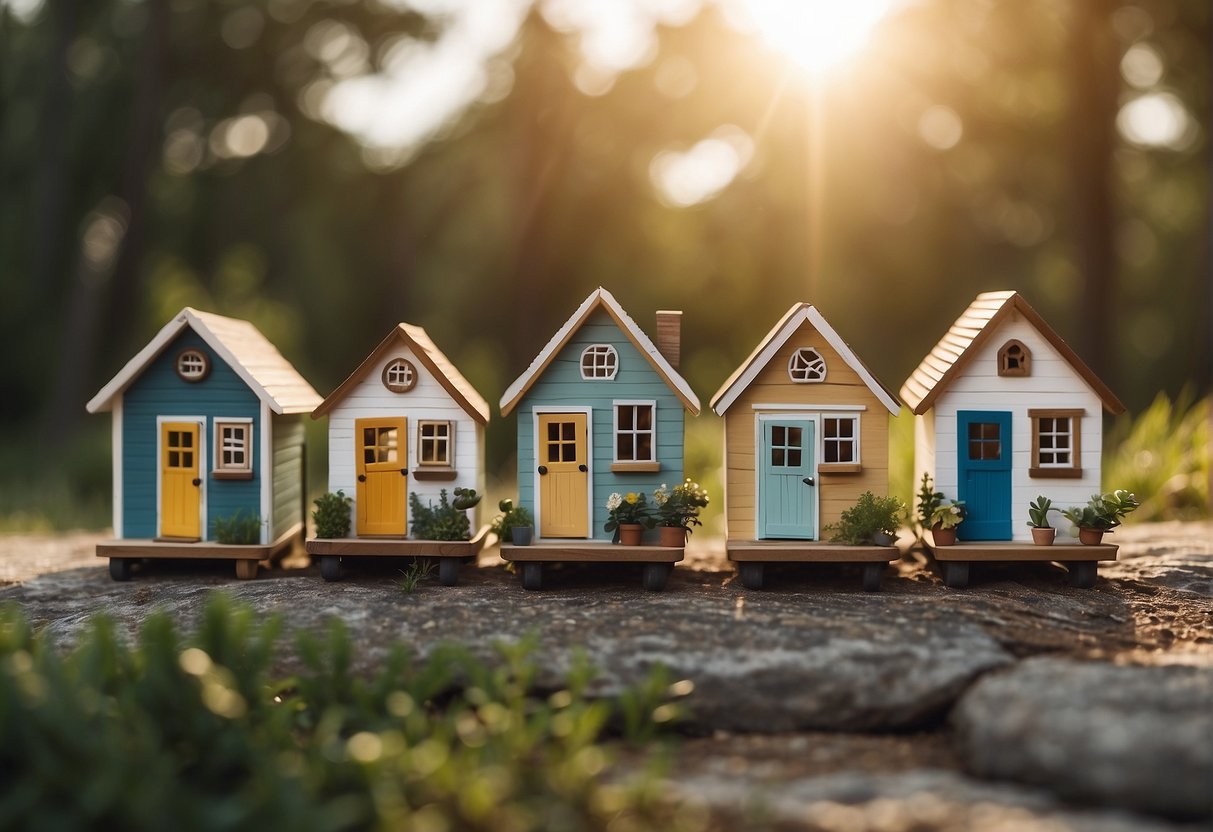 A row of tiny houses with a sign reading "Frequently Asked Questions: Are Tiny Houses Illegal?" in a suburban neighborhood