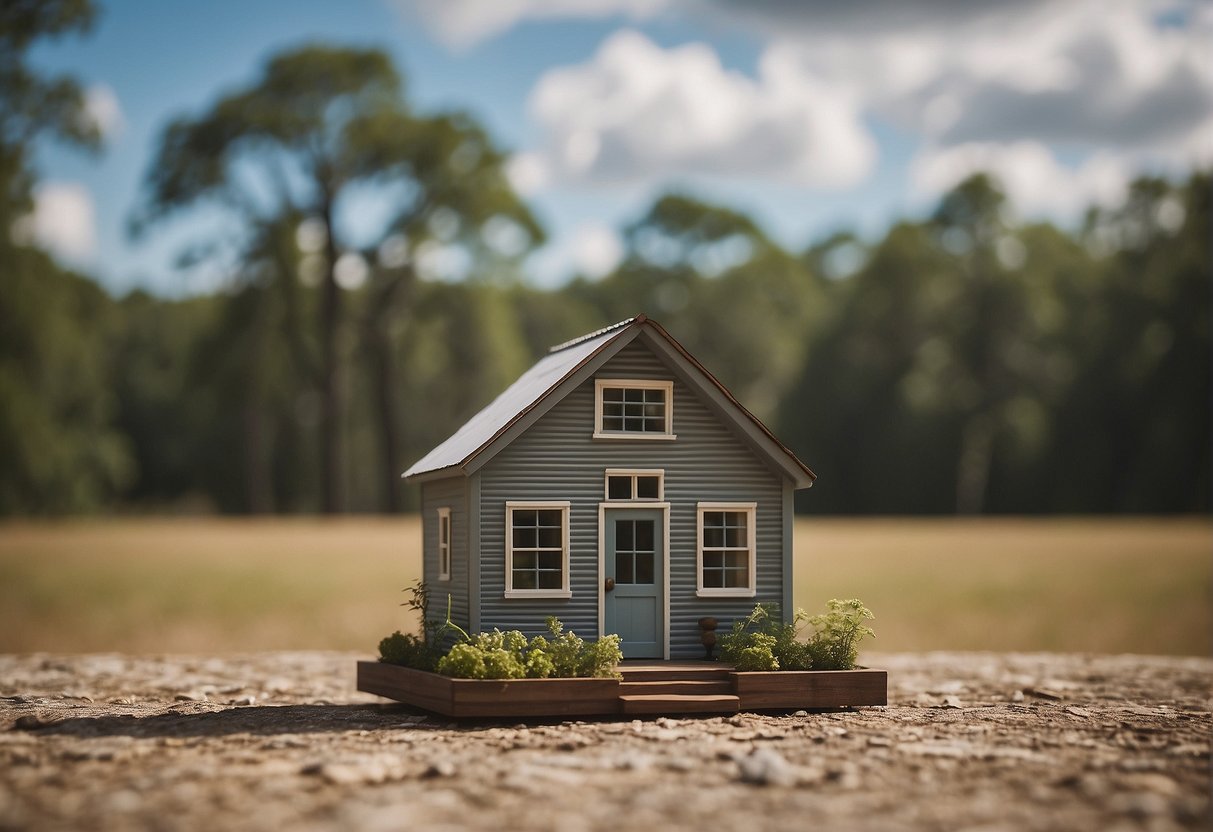 A tiny house nestled in a rural Alabama landscape, with a sign displaying "Legal Tiny House Zone" in the foreground