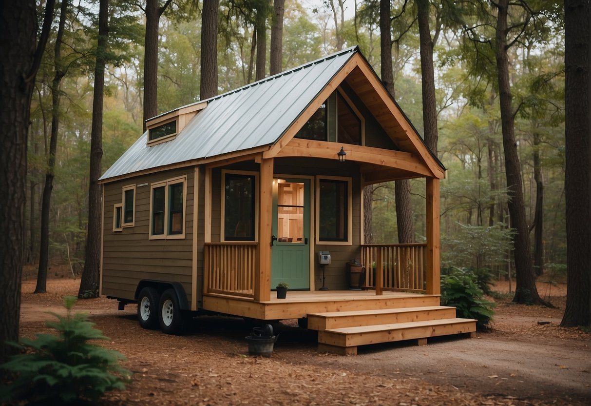 A tiny house nestled in a wooded area, meeting all building requirements. The Alabama landscape provides a serene backdrop for tiny house living