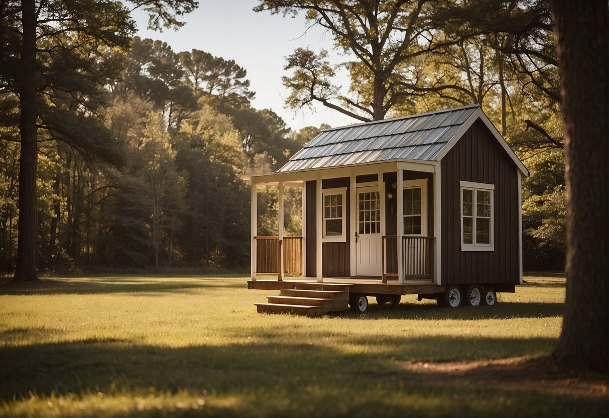 A tiny house sits on a grassy lot in Alabama, surrounded by trees. The sun is shining, and a sign nearby reads "Frequently Asked Questions: Are Tiny Houses Legal in Alabama?"