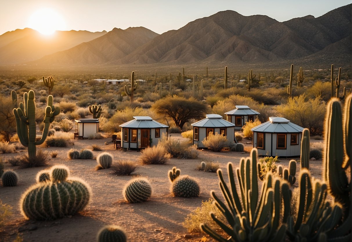 Tiny houses dot the Arizona landscape, nestled among the desert terrain and cacti. The sun sets behind the mountains, casting a warm glow on the small, sustainable dwellings