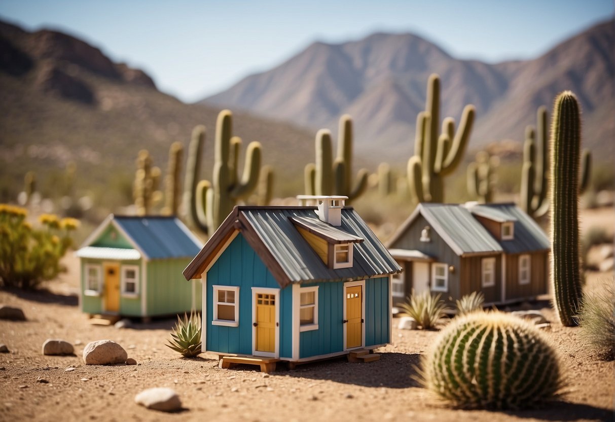 Tiny houses nestled in a desert landscape, with a backdrop of mountains and cacti. Signs displaying "Legal Tiny House Community" and "Zoning Regulations Compliant" are prominently placed