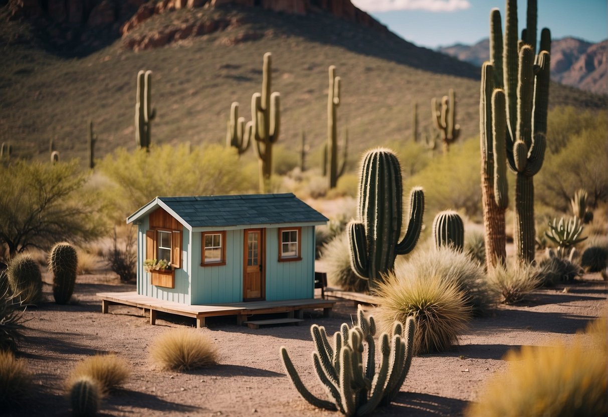 Tiny houses nestled in the Arizona desert, surrounded by cacti and mountains