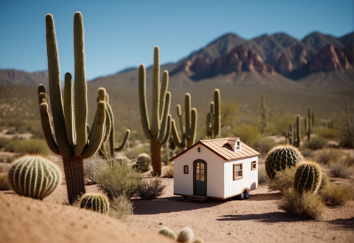 A desert landscape with a tiny house in Arizona, surrounded by cacti and mountains