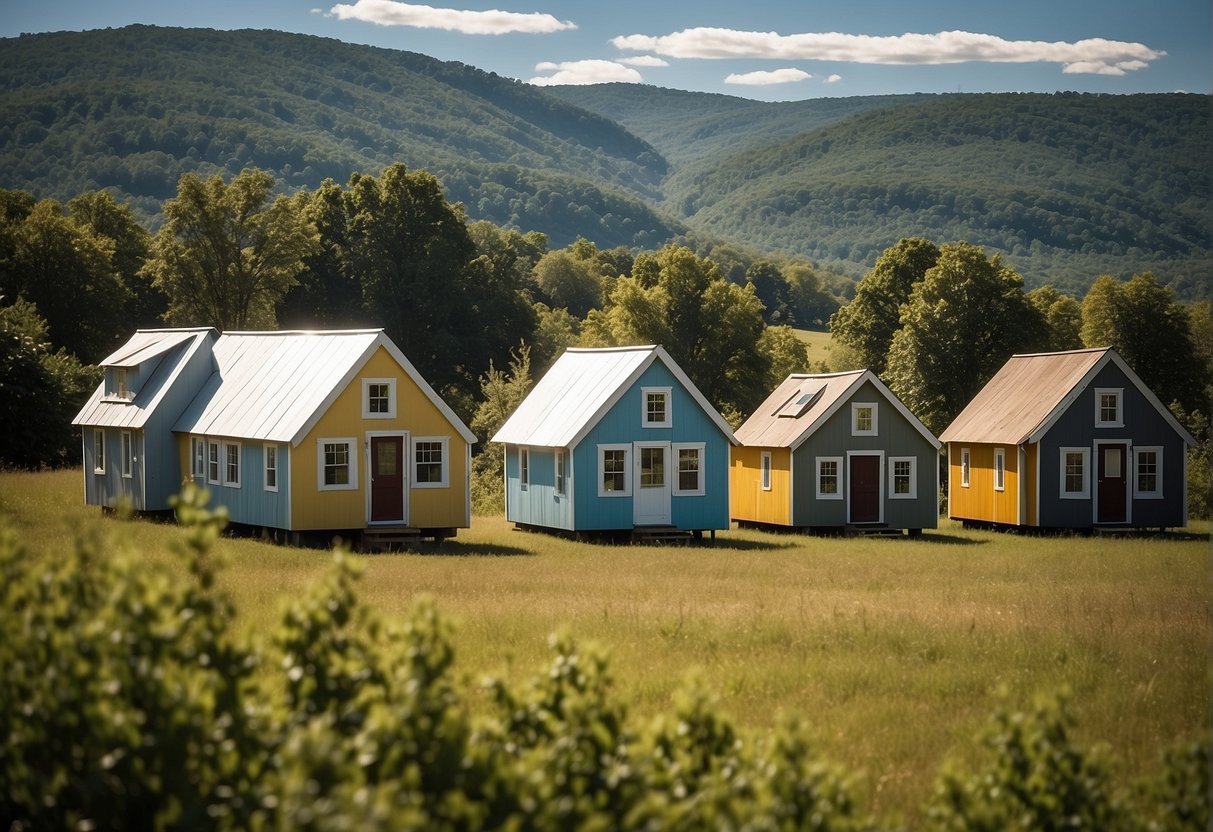 Tiny houses dot the scenic Arkansas landscape, nestled among the rolling hills and lush greenery, with clear blue skies overhead