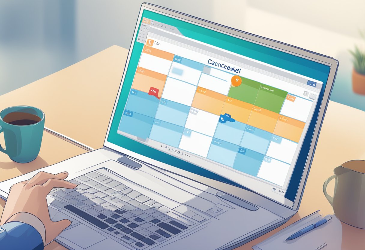 A computer screen showing an Outlook calendar with a canceled meeting being clicked on and changed to "uncanceled" status
