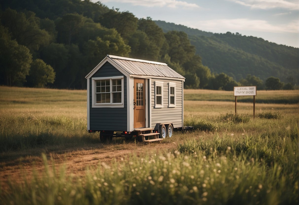 A tiny house nestled in a rural Arkansas landscape, with a sign displaying "Legal Tiny House Zone" in the foreground