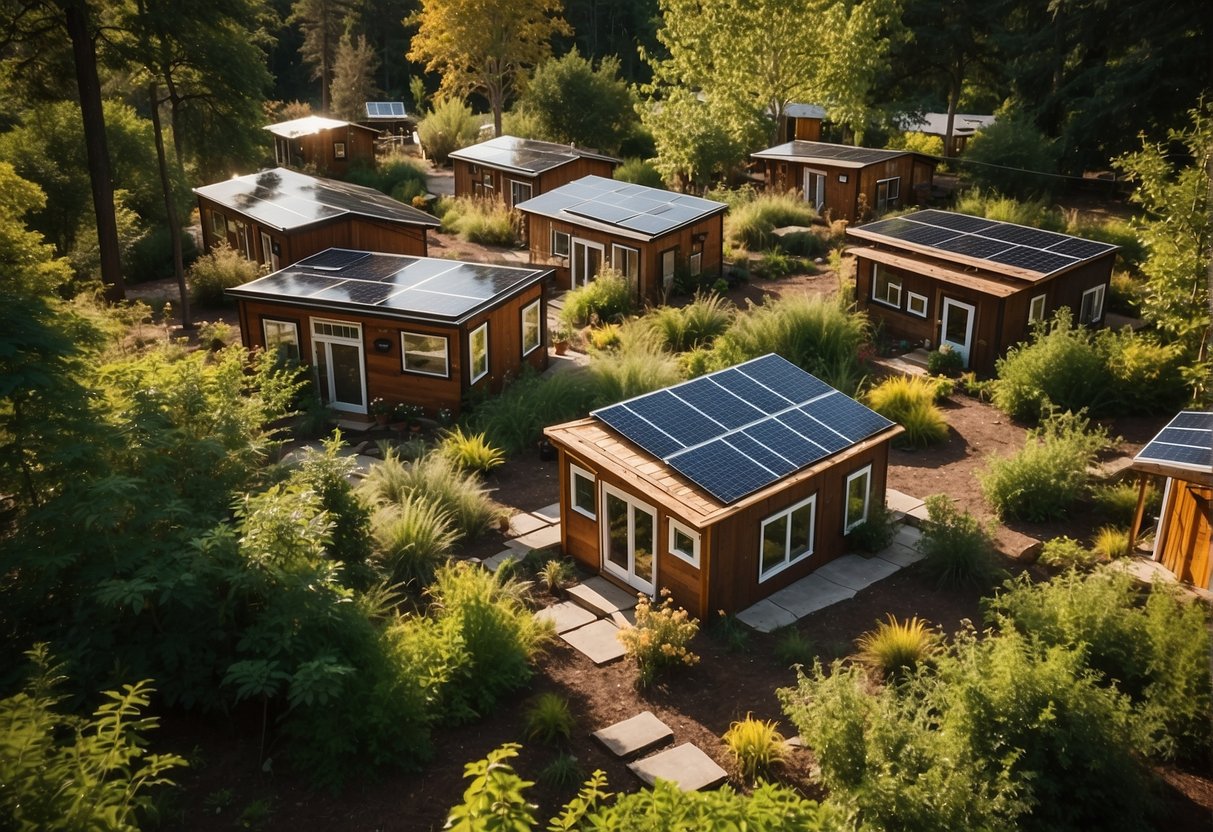 A cluster of tiny houses nestled in a lush, wooded community. Each home is uniquely designed, with solar panels and gardens, creating a sustainable and eco-friendly lifestyle