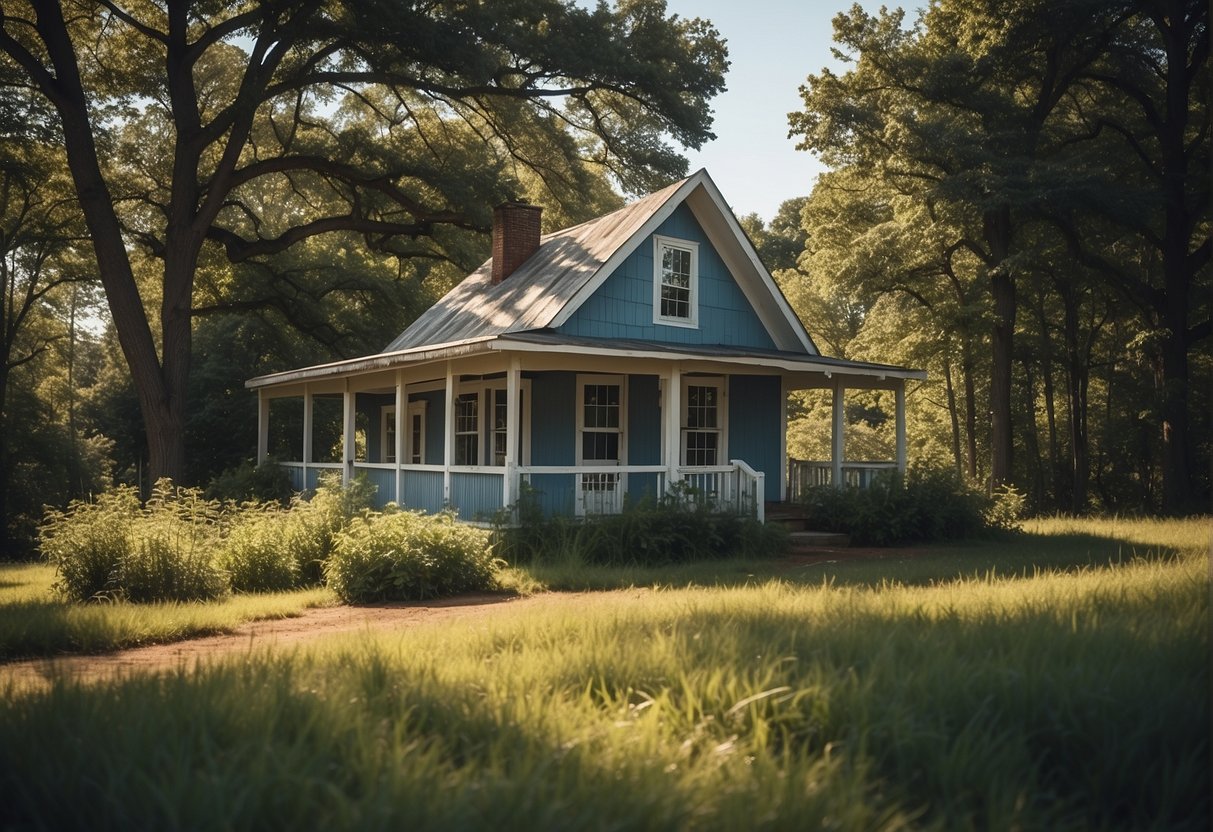 A small, quaint house nestled in the Arkansas countryside, surrounded by greenery and a clear blue sky
