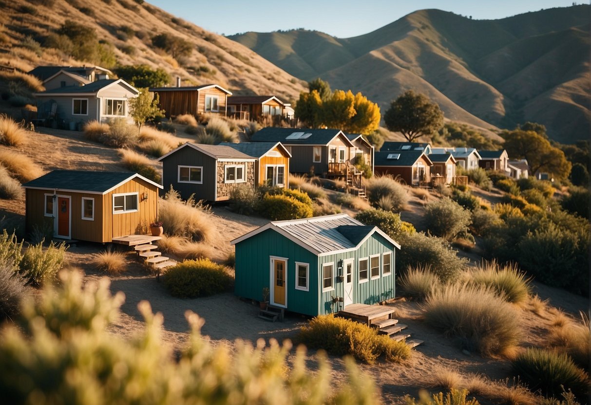 Tiny houses dot a sunny California landscape, nestled among rolling hills and lush greenery. Each dwelling is unique, with vibrant colors and creative designs, showcasing the growing trend of tiny living