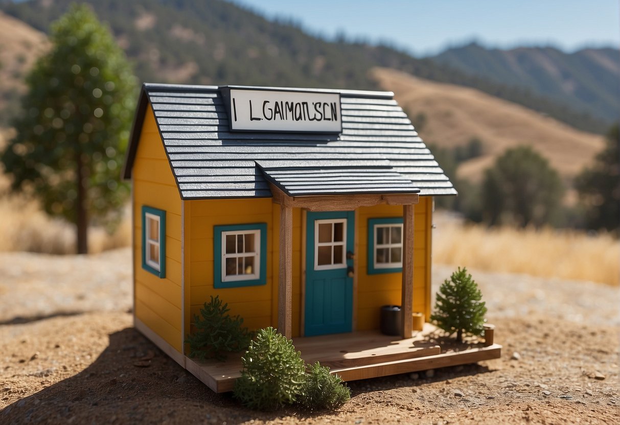 A tiny house nestled among California hills, with a sign displaying "Legal Tiny House" and a zoning regulation document pinned to a nearby tree