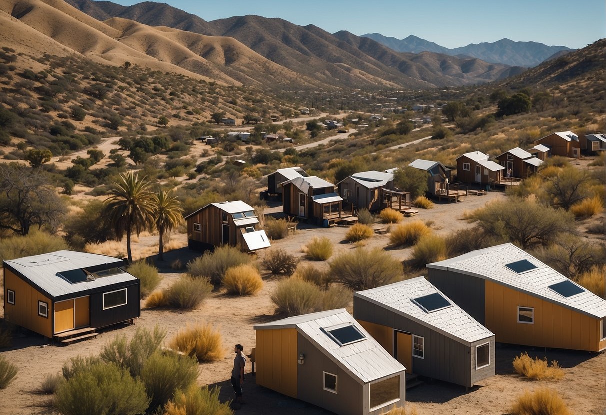 A diverse community of tiny houses nestled in a scenic California landscape, with residents enjoying a sustainable and minimalist lifestyle