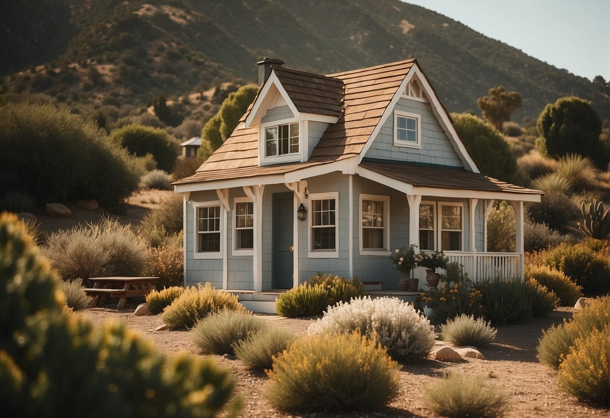 A small, quaint house nestled in a California landscape with a sign reading "Frequently Asked Questions: Are Tiny Houses Legal in California?" displayed prominently