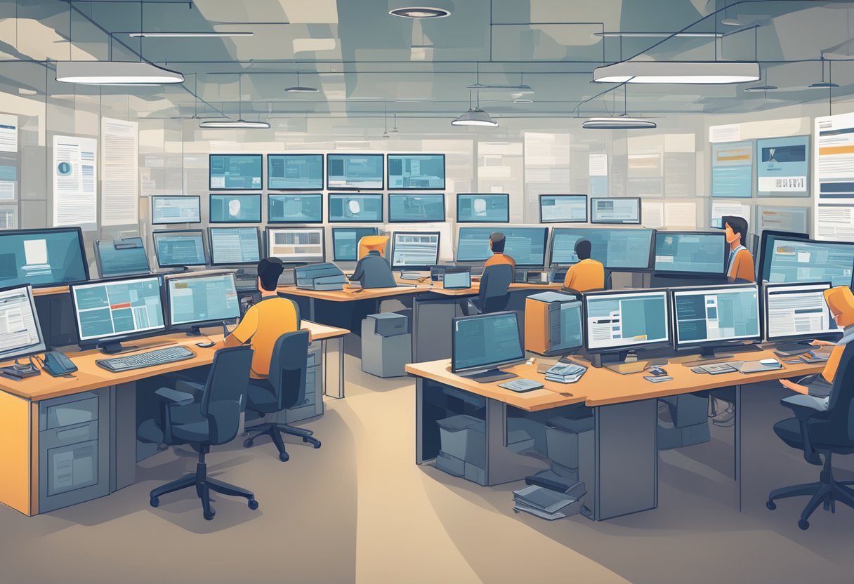 A newsroom with journalists fact-checking, analyzing sources, and verifying information before publishing. Multiple screens displaying various news outlets and social media platforms