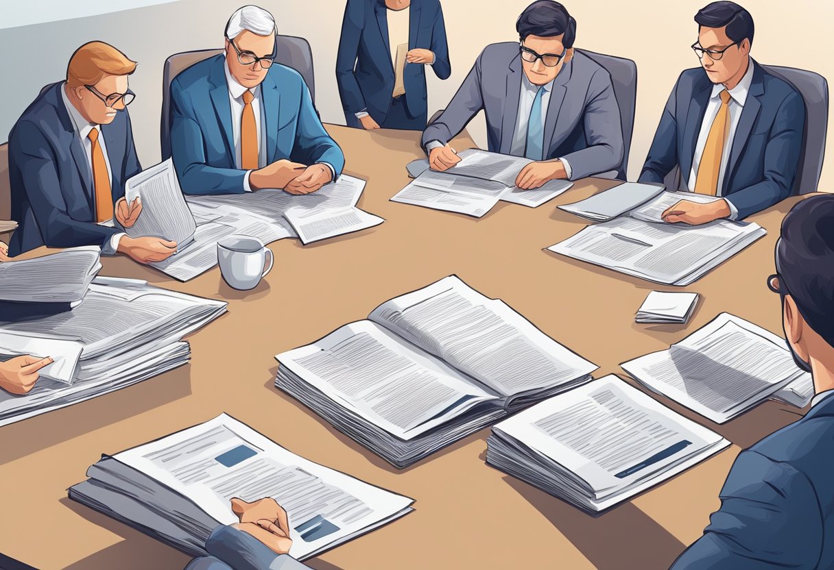 Government officials and lawmakers discussing measures to combat fake news and fallacies. Documents and news articles spread out on a table