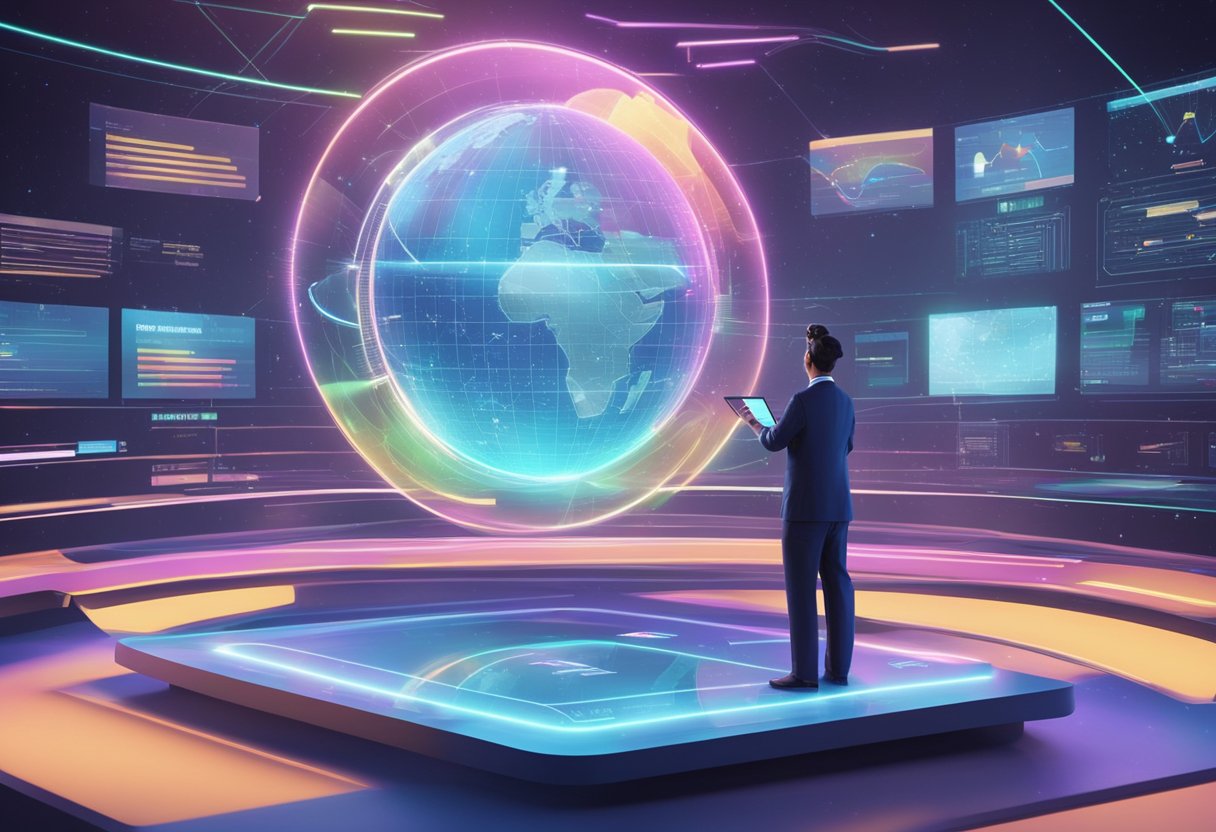 A futuristic holographic news display with a mix of real-time data and virtual reality elements, showcasing the detection and debunking of fake news