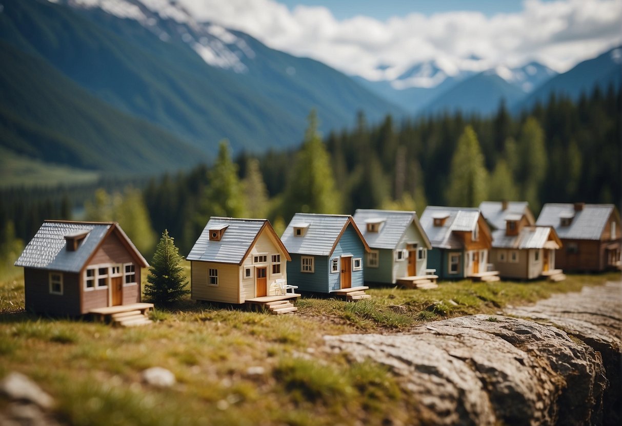 A row of tiny houses sits nestled in a Canadian landscape, surrounded by lush greenery and snow-capped mountains in the distance