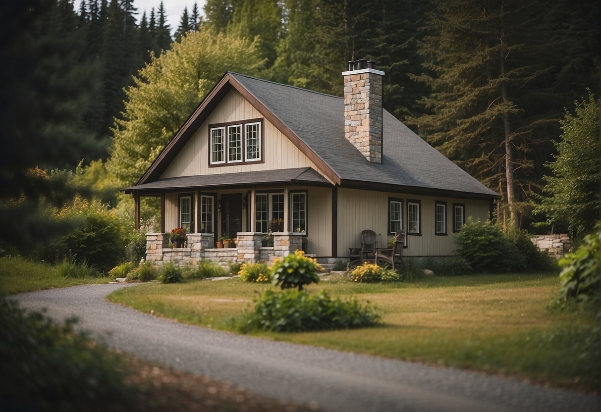 A small, cozy house sits within a Canadian landscape, surrounded by trees and nature. The house is well-maintained and fits seamlessly into the peaceful setting, demonstrating compliance with zoning regulations