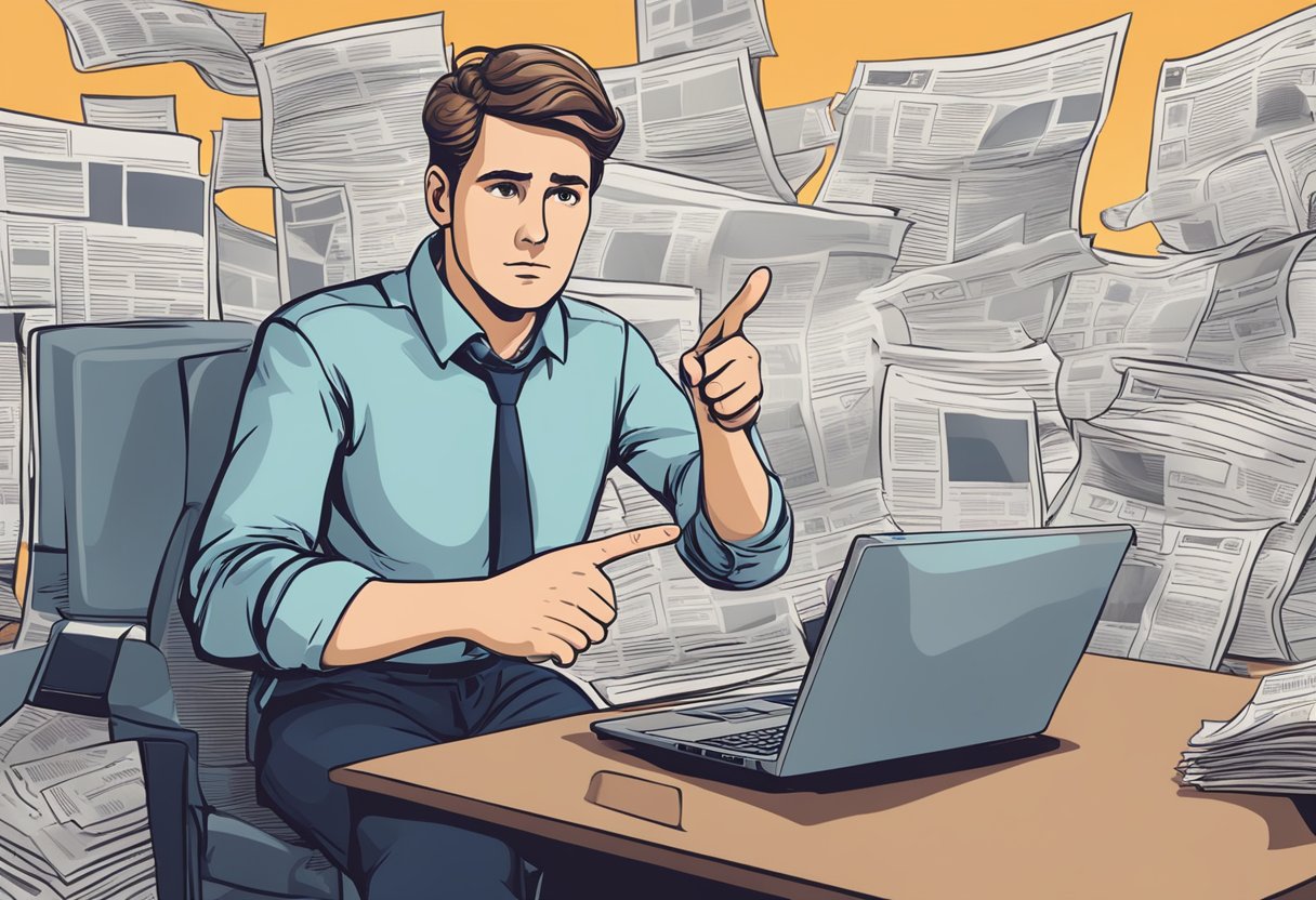 A person pointing at a computer screen, with a skeptical expression. Newspapers and social media icons in the background