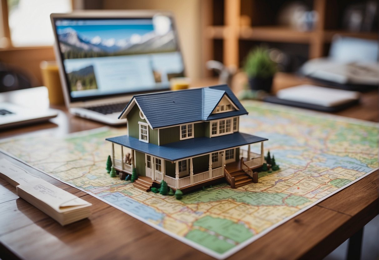 Colorado zoning map with tiny house zoning areas highlighted. Legal documents and regulations surrounding tiny house construction displayed on a desk