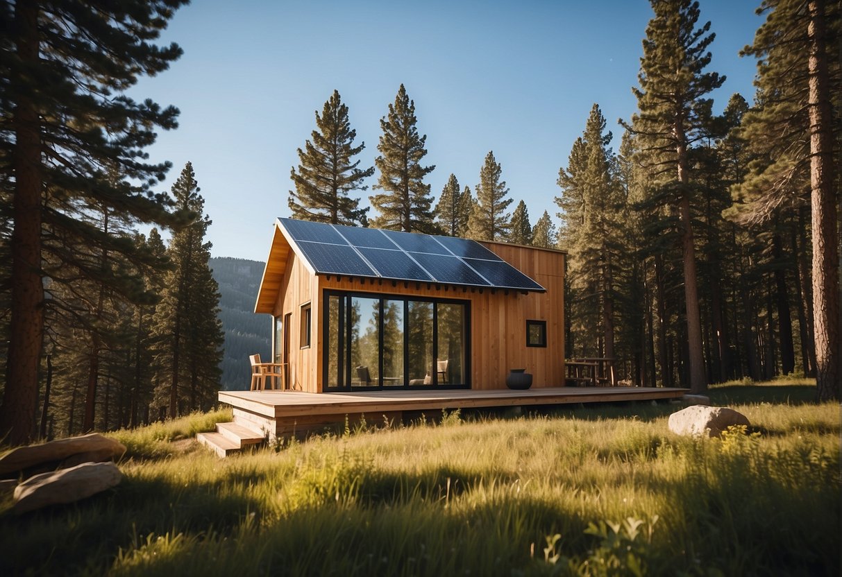 A tiny house nestled in the mountains of Colorado, surrounded by tall pine trees and a clear blue sky. The house is adorned with a small garden and solar panels, showcasing a sustainable and minimalist lifestyle