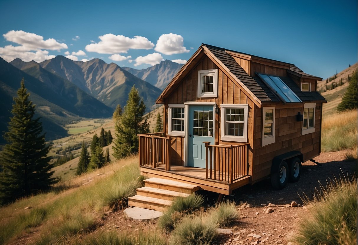 A tiny house nestled in a picturesque Colorado landscape, surrounded by mountains and lush greenery, with a clear blue sky overhead