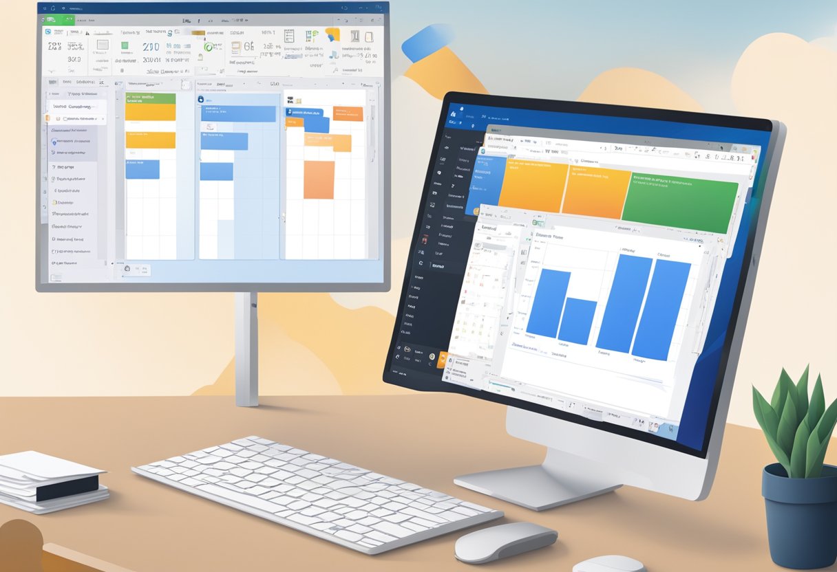 A computer screen showing the process of setting up Zoom integration with Outlook, with both application icons displayed and a calendar syncing in the background