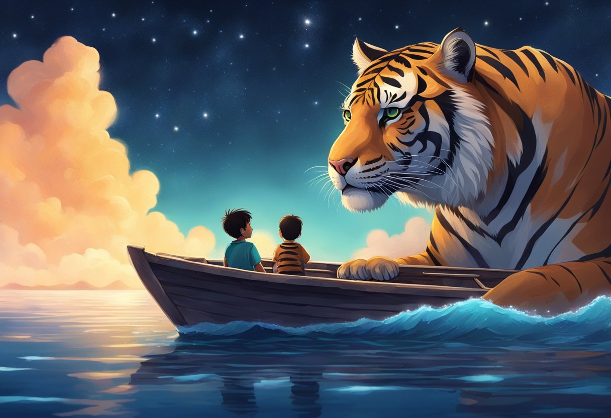 A tiger and a young boy on a small boat in the middle of the ocean, surrounded by a vast expanse of water and a clear, starry sky above