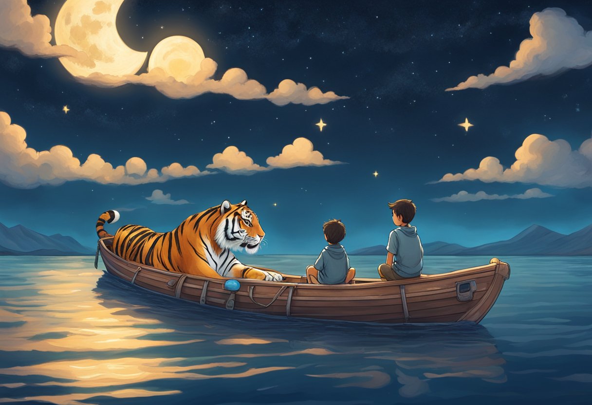 A tiger and a boy sit on a lifeboat surrounded by a vast ocean under a starry night sky. The moon casts a soft glow on the water as the two figures share a moment of peaceful coexistence