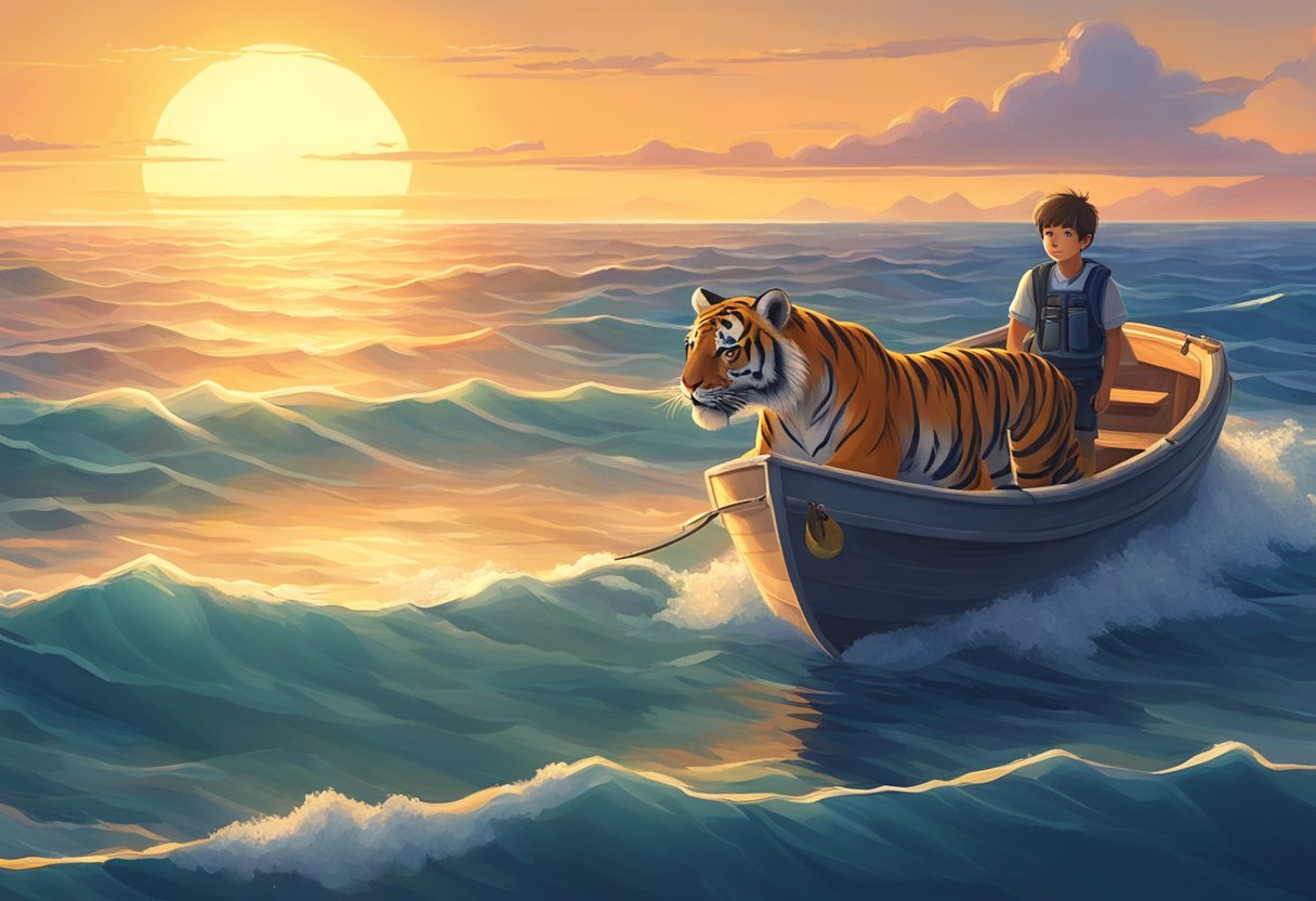 A lone tiger and a young boy on a small lifeboat, surrounded by a vast, endless ocean with a radiant sun setting in the distance