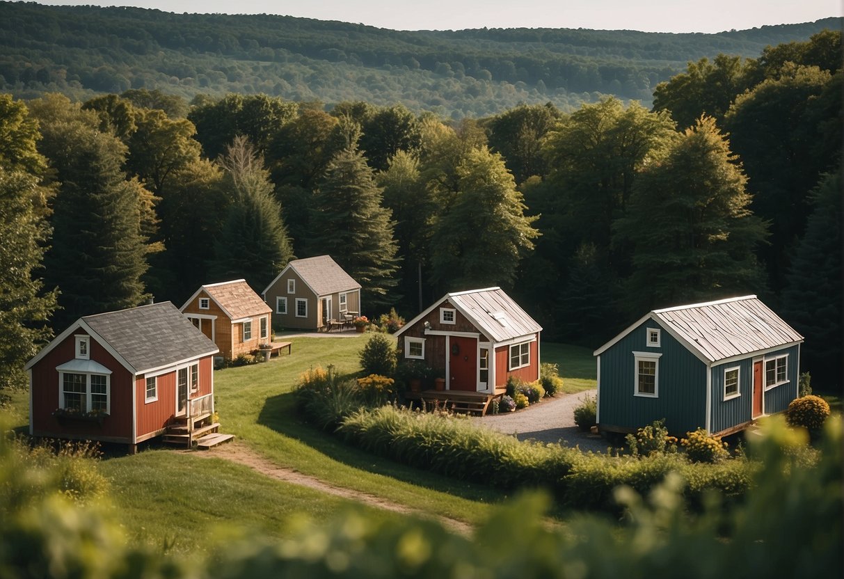 Tiny houses dot a lush Connecticut landscape, nestled among towering trees and rolling hills, creating a charming and cozy community