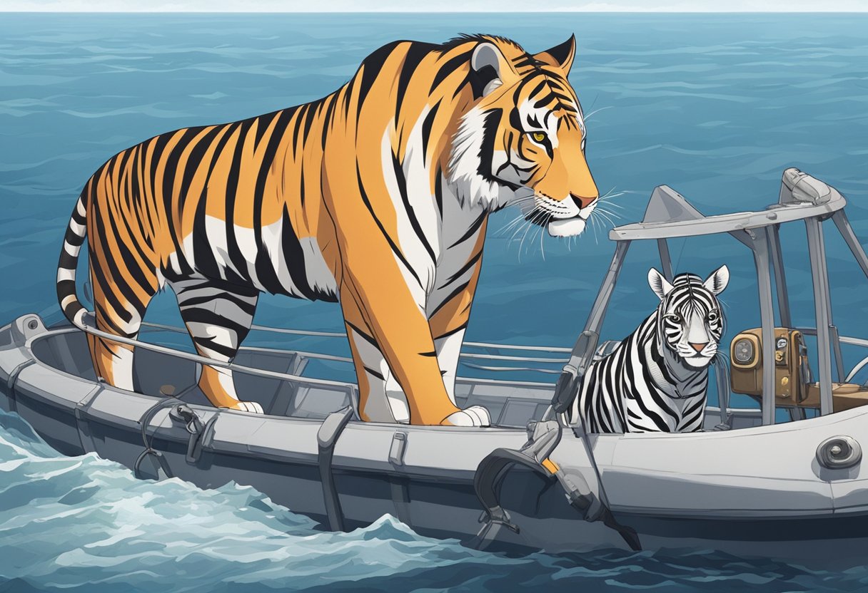 A tiger and a zebra stand side by side on a lifeboat, surrounded by a calm sea and a clear sky. The tiger's eyes are focused and intense, while the zebra appears peaceful yet alert