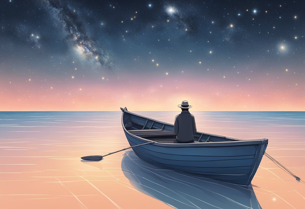 A solitary figure sits on a small boat surrounded by a vast, open sea. The sky is filled with stars, and a sense of tranquility and isolation permeates the scene