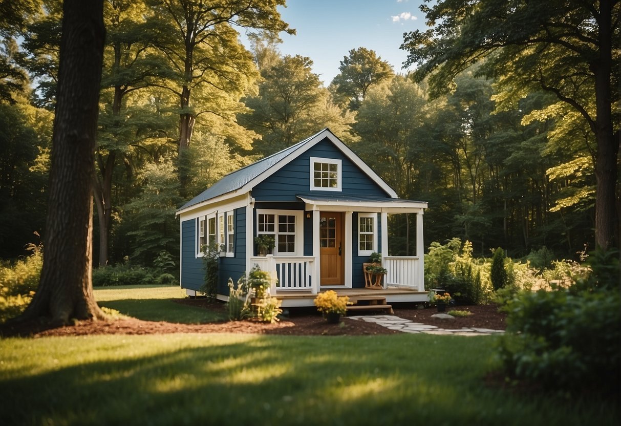 A tiny house nestled in a lush Connecticut landscape, surrounded by trees and a clear blue sky. The house is compact and cozy, with a small front porch and a neatly landscaped yard