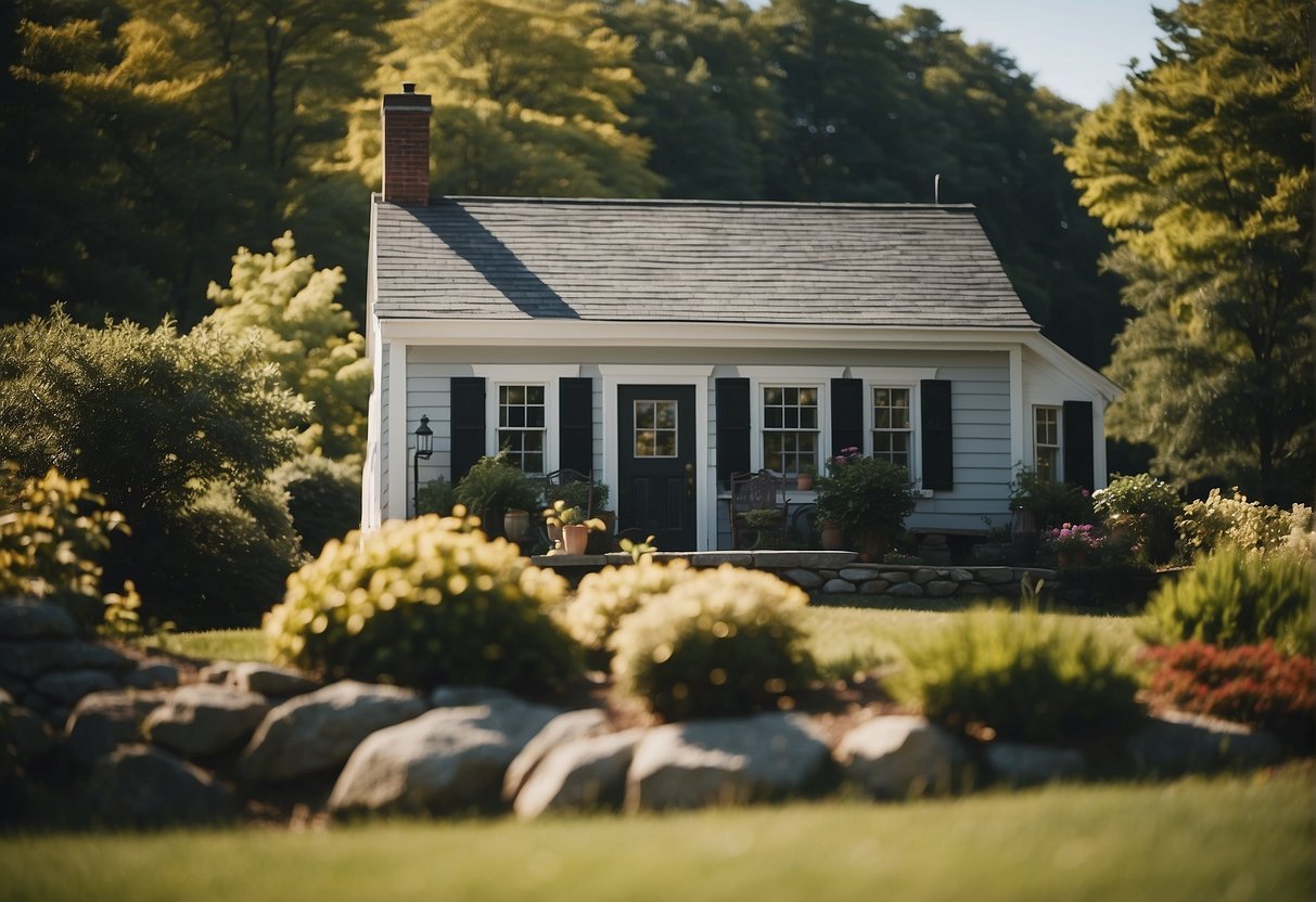 A small, quaint house nestled in a Connecticut landscape, surrounded by trees and a clear blue sky