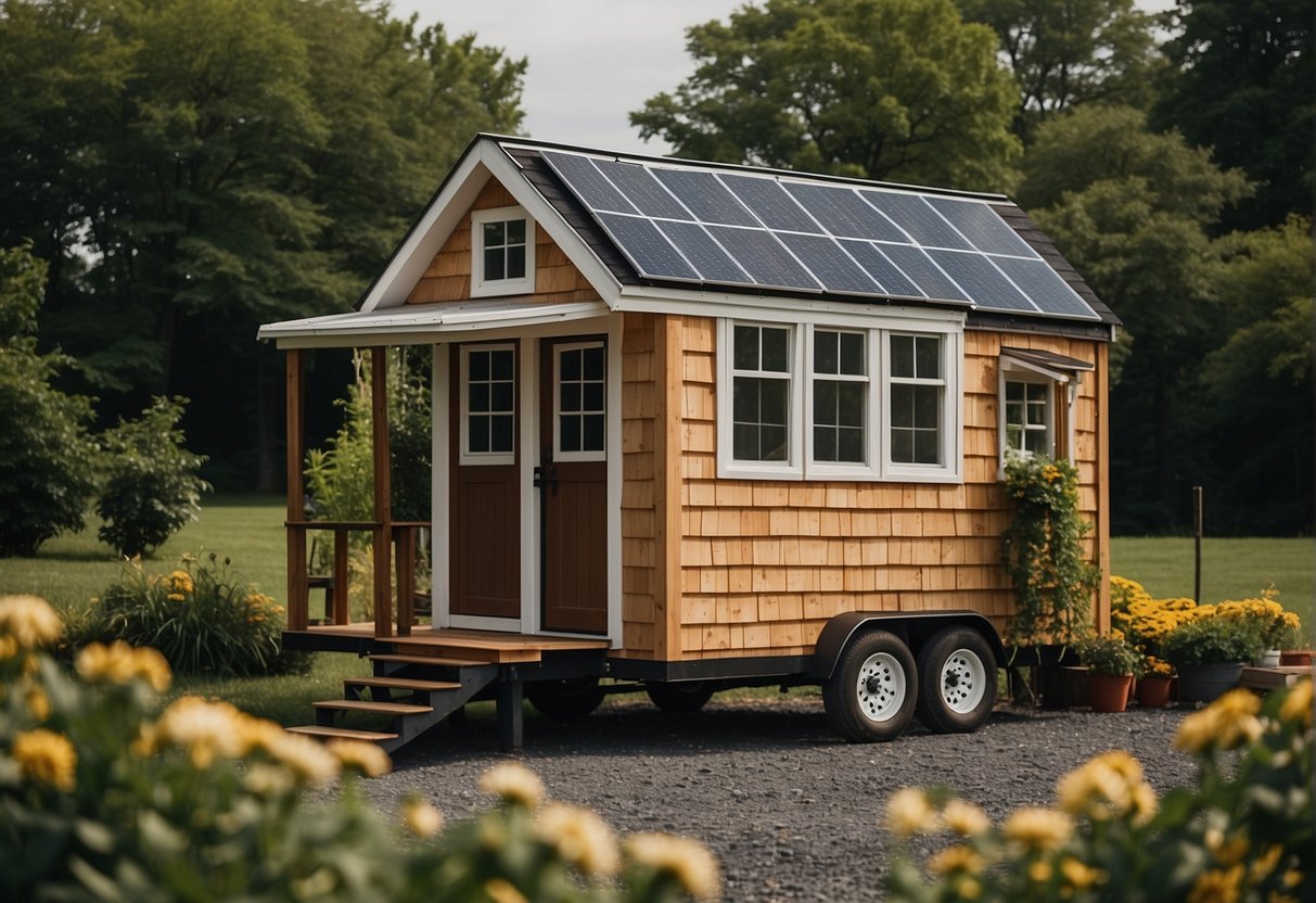 A tiny house on wheels parked in a rural setting in Delaware, with a small garden and solar panels on the roof