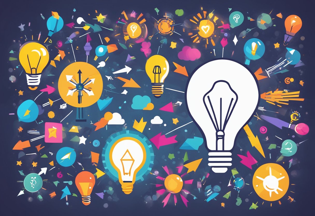 A colorful explosion of lightbulbs, thought bubbles, and arrows pointing in different directions, surrounded by playful icons and symbols representing creativity and innovation
