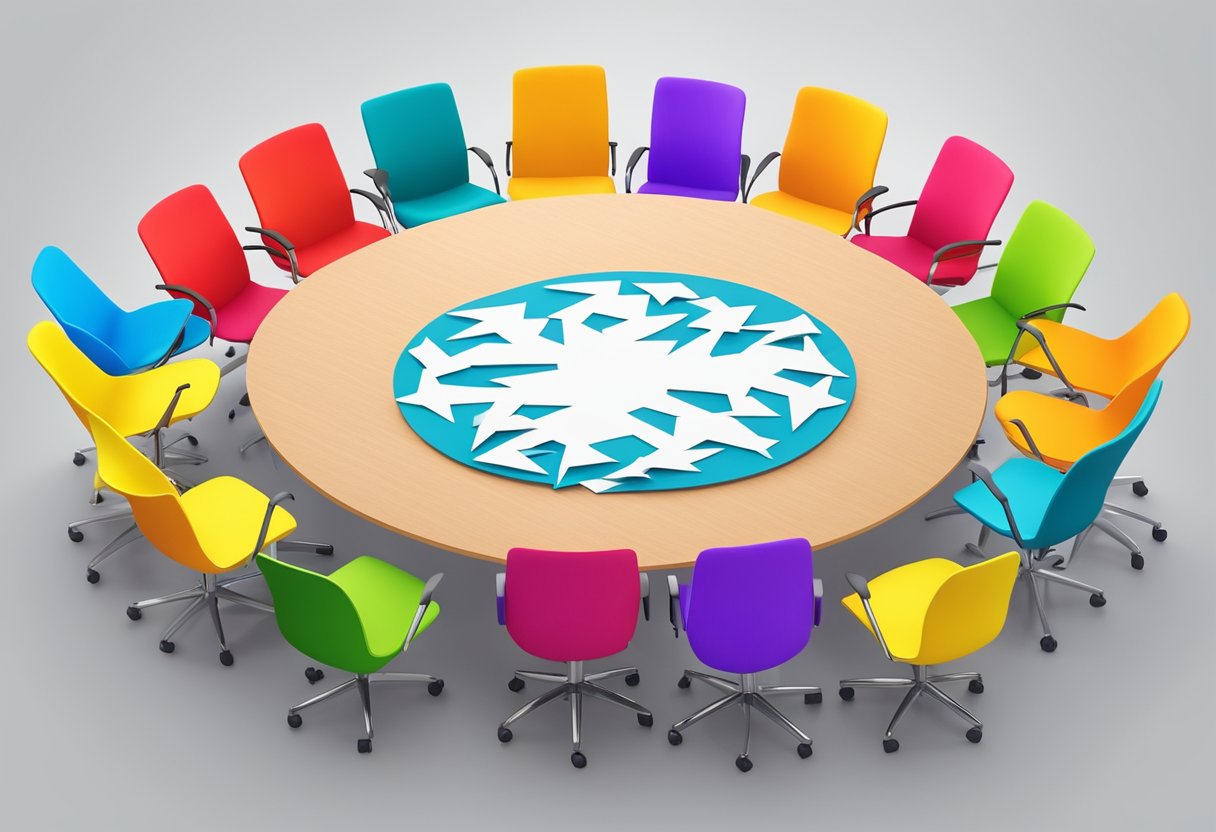 A circle of colorful chairs surrounds a vibrant, overflowing idea board. Thought bubbles and lightning bolts represent the electric energy of the brainstorming session
