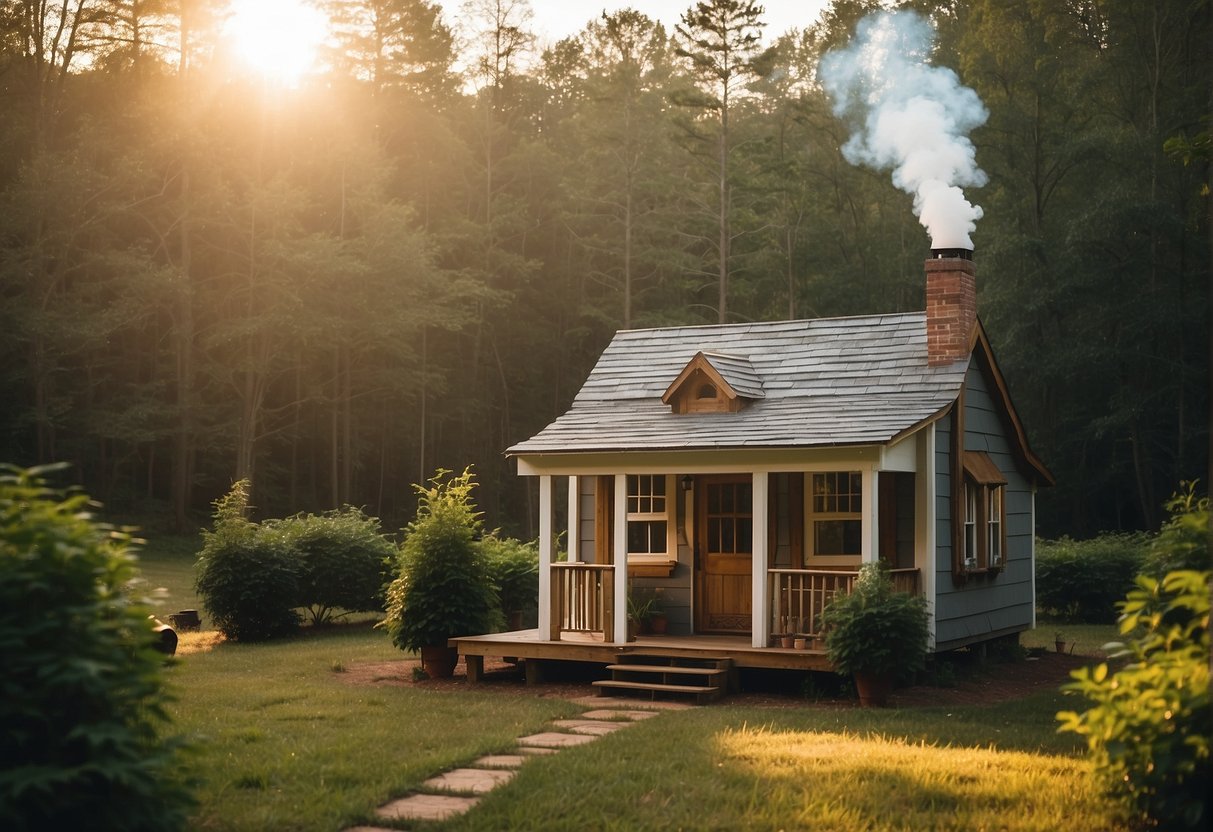 A tiny house nestled in the Georgia countryside, surrounded by trees and a small garden. The sun is shining, and a cozy smoke rises from the chimney