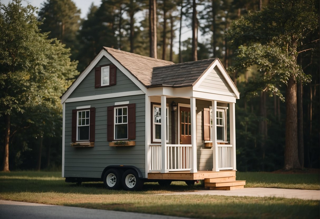 A tiny house sits on a grassy lot in Georgia, surrounded by trees. A sign reads "Frequently Asked Questions: Are Tiny Houses Legal in GA?"