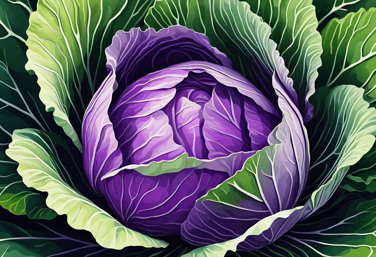 A cabbage is a round, leafy vegetable with tightly packed green or purple leaves. The outer leaves are often darker and more coarse, while the inner leaves are lighter and more tender