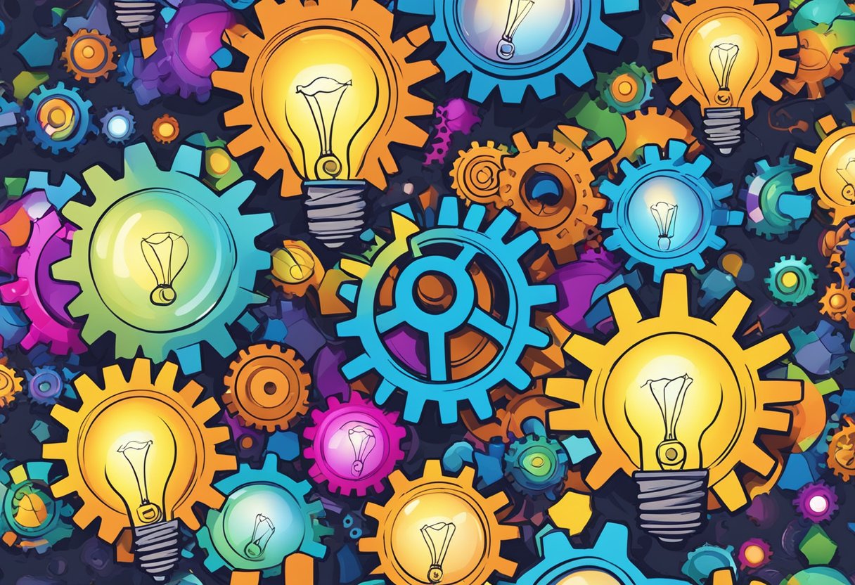 A colorful explosion of lightbulbs, thought bubbles, and gears, swirling around a central hub of creativity